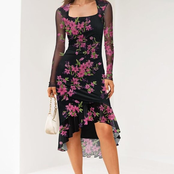 Women’s Mesh Bodycon Midi Dress Long Sleeve Square Neck Elegant Party - Picture 4 of 5